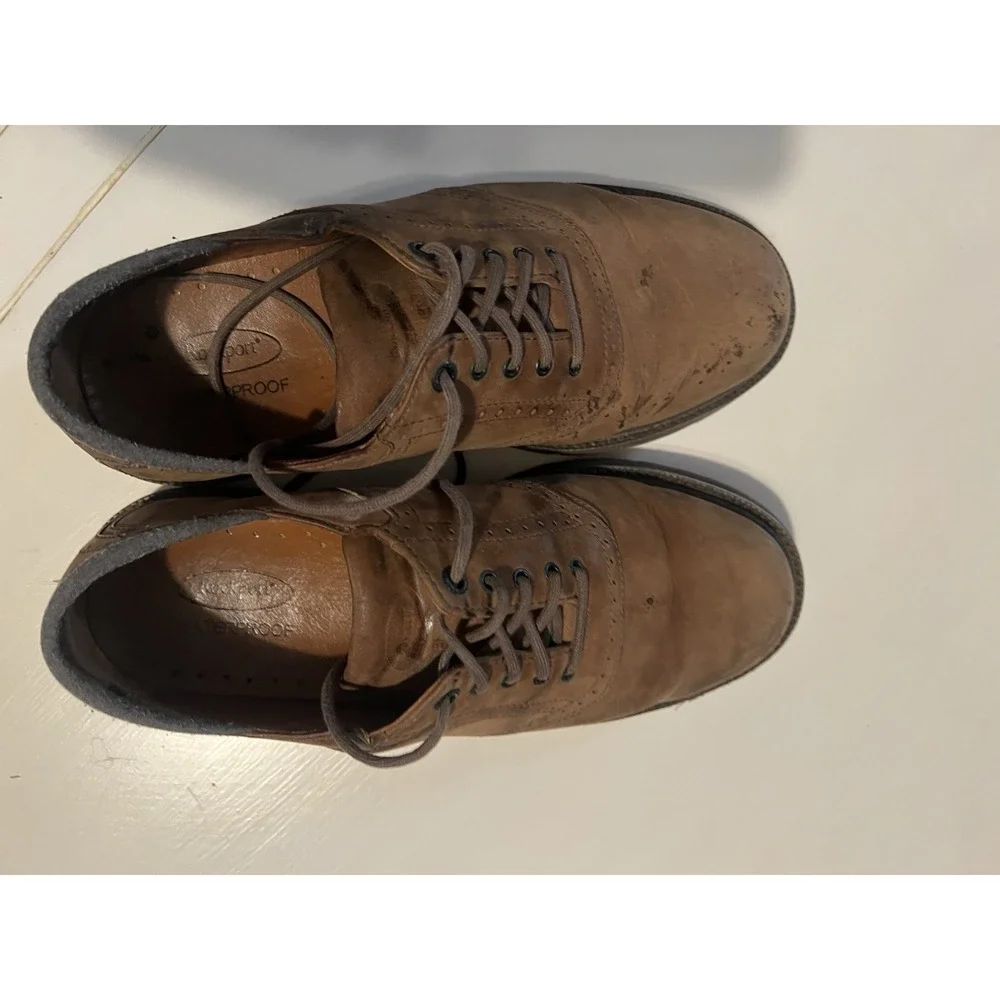 Rockport Waterproof Leather Oxford Shoes Mens 8W Brown Cap Toe Comfort Dress